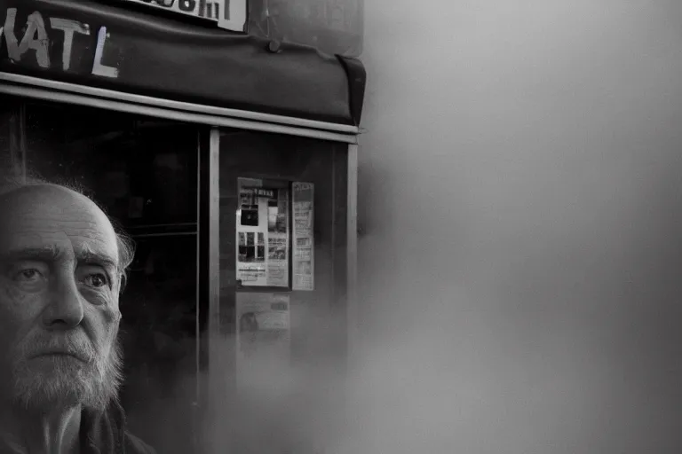 Image similar to an ultra realistic cinematic headshot portrait of an evil scientist, stood outside a corner shop, foggy, detailed, deep focus, movie still, dramatic lighting, by fay godwin