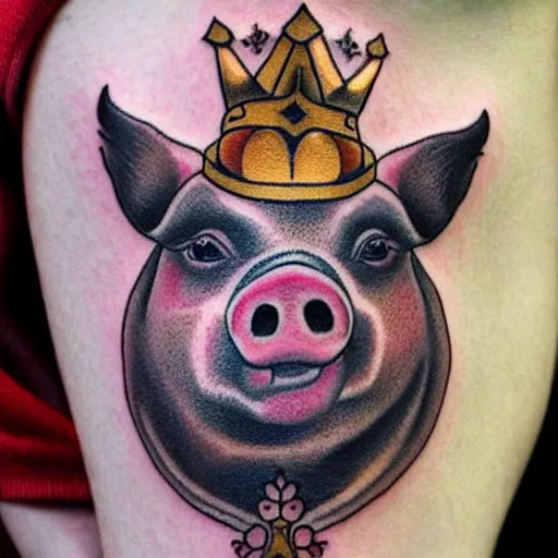 Image similar to traditional american tattoo of pig wearing a gold crown