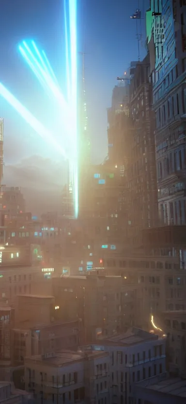 Image similar to unreal engine 5 render of a happy city on a sunny day with lasers coming out of the clouds, digital art ”