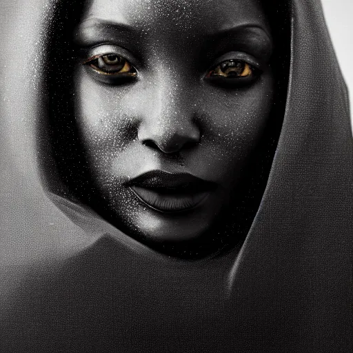 Image similar to a portrait of a young black woman wearing a long dark cloak, hood and shadows covering face, anatomically correct, beautiful perfect face, enigmatic, oil painting, matte painting, black background, Volumetric dynamic lighting, Highly Detailed, Cinematic Lighting, Unreal Engine, 8k, HD, by Beksinski