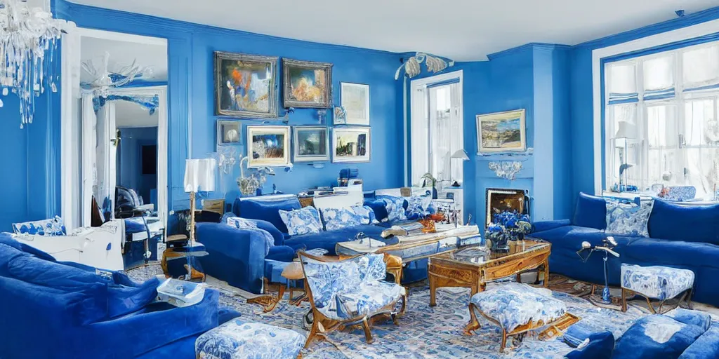 Image similar to ultra wide photo the ultimate essence of blue, a residential interior that's completely a solid bright blue on every surface and every item, blue personified, thick overflowing paint and poofy blue couches, really really really blue. a large photograph on the wall is a picture of blue ocean waves. blue, blue, more blue, photorealistic, hyperreal