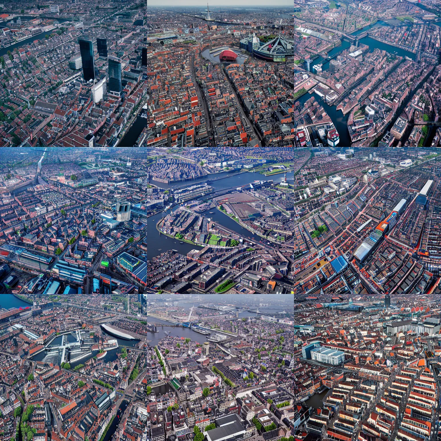 Prompt: An aerial photo of cyberpunk Amsterdam