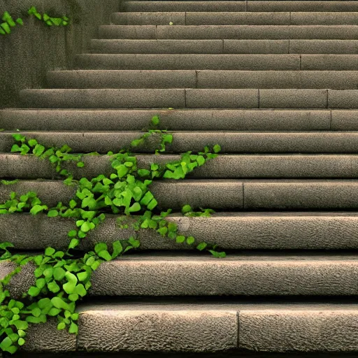 Image similar to a set of stairs with vines growing up them, walls of stone bricks, volumetric bluish light, a raytraced image by Tadao Ando, flickr contest winner, environmental art, streetscape, vray, national geographic photo