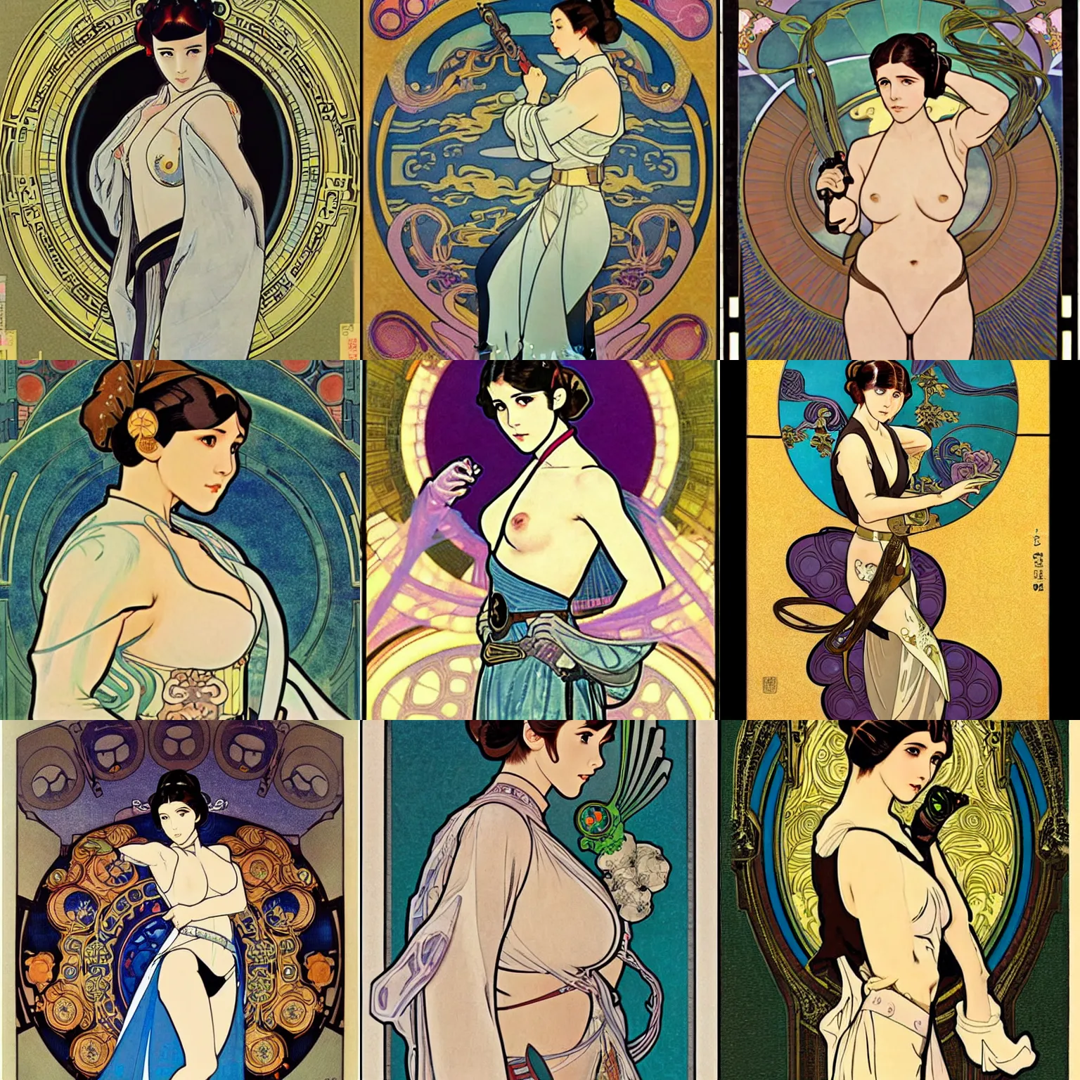 Prompt: princess leia, korean art nouveau anime, emphasis on musculature and detail ( ( alphonse mucha ) )