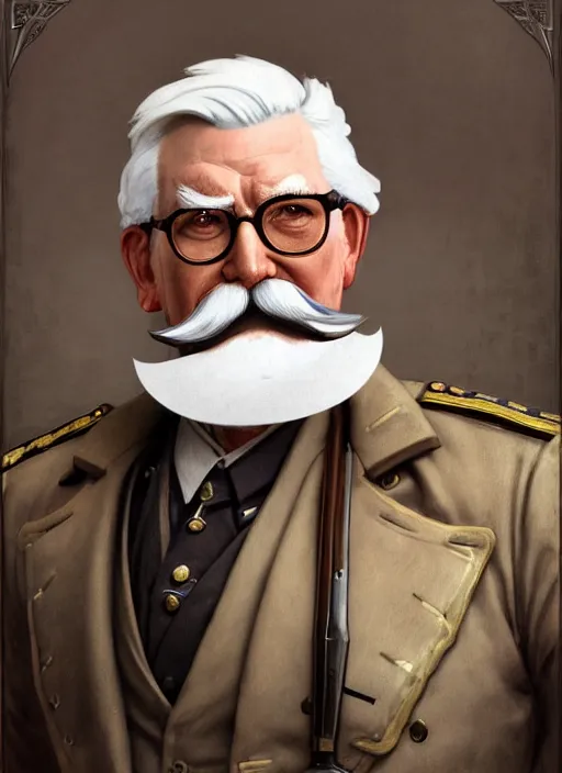 Prompt: close up portrait of colonel sanders, decorated civil war veteran, long handlebar mustache, union uniform by artgerm, cushart krenz, greg rutkowski, mucha. art nouveau. gloomhaven, military symbolism, pale colors, sharp edges. ultra clear detailed. 8 k. elegant, intricate, octane render