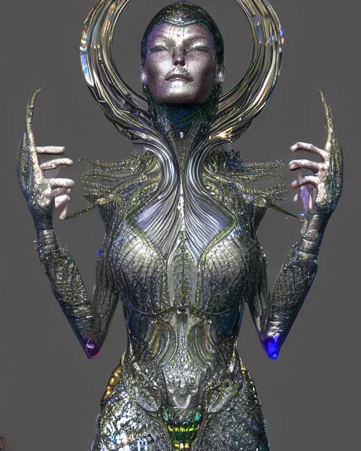 Image similar to a highly detailed metahuman 4 k close up render of an alien goddess bella hadid monument pharaoh in iris van herpen dress schiaparelli in diamonds crystals swarovski and jewelry iridescent in style of alphonse mucha gustav klimt trending on artstation made in unreal engine 4