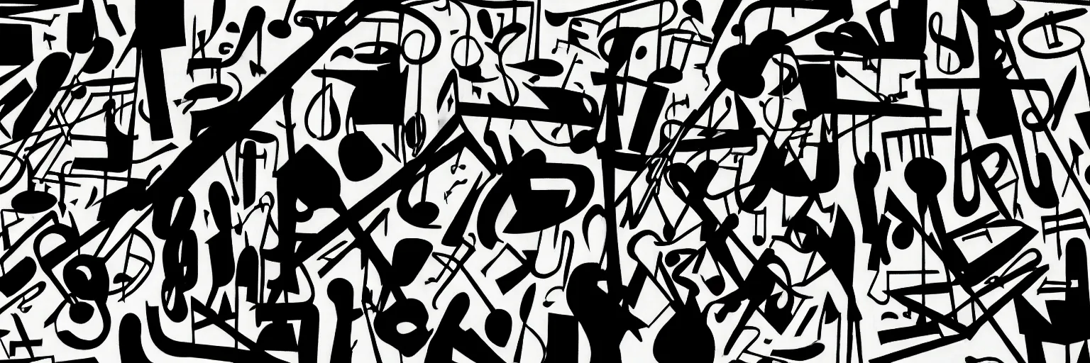 Prompt: visual representation of be - bop jazz music, 5 0 % transparent black and white, abstract, dark, unreal, insightful, philosophical, multiple musical instruments, moma museum,