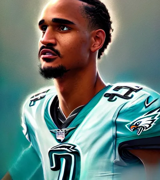 Prompt: highly detailed portrait of jalen hurts, philadelphia eagles football, unreal engine, fantasy art by greg rutkowski, loish, rhads, ferdinand knab, makoto shinkai and lois van baarle, ilya kuvshinov, rossdraws, tom bagshaw, global illumination, radiant light, detailed and intricate environment