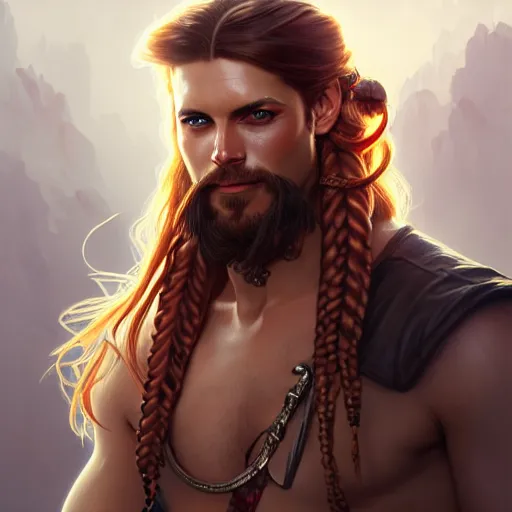 Prompt: Portrait of male pirate, D&D, handsome, amber eyes, muscular, fantasy, intricate, long half-braided hair, red hair, elegant, highly detailed, digital painting, artstation, concept art, smooth, sharp focus, illustration, art by artgerm and greg rutkowski and alphonse mucha