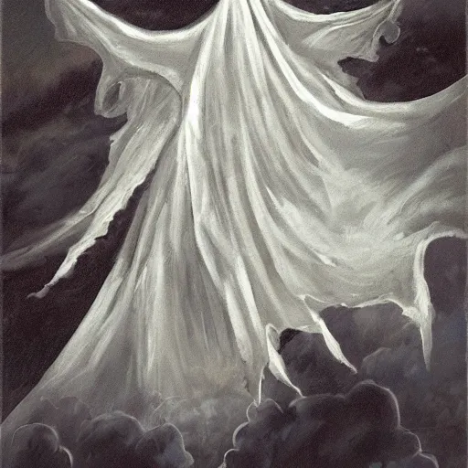 Prompt: ominous bedsheet ghost floating on the wing of a plane, oil painting, brush strokes, gloomy foggy atmosphere, symmetrical, full body image, highly ornate intricate details,