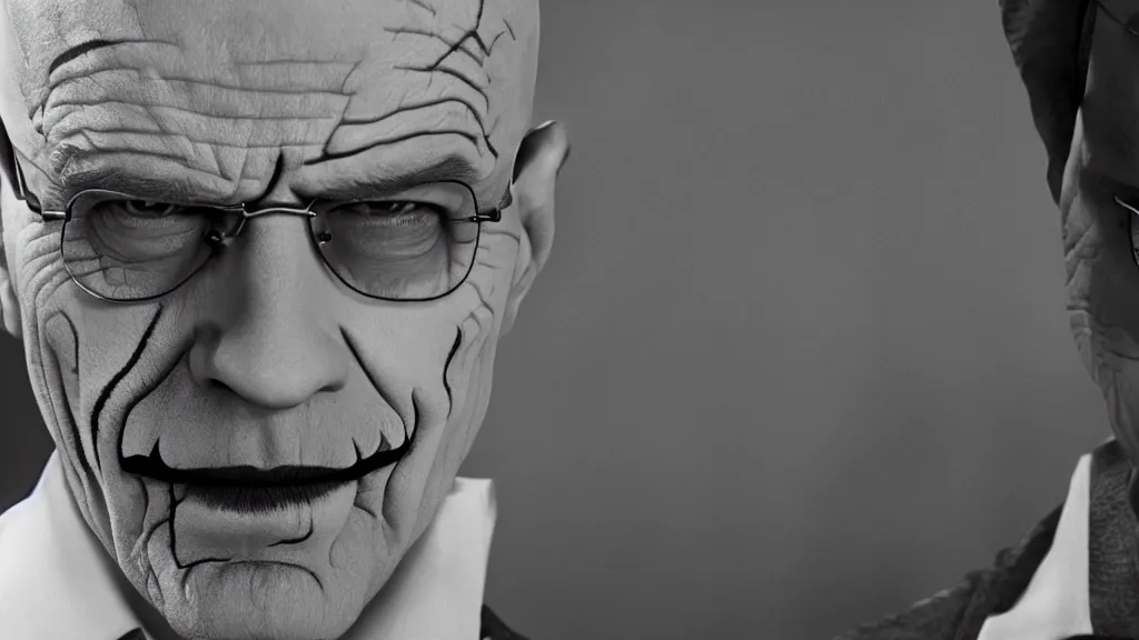 Image similar to walter white aka heisenberg as the joker, joker 2 0 1 9, movie by todd phillips, joaquin phoenix, film still, frame, image, close - up shot, face