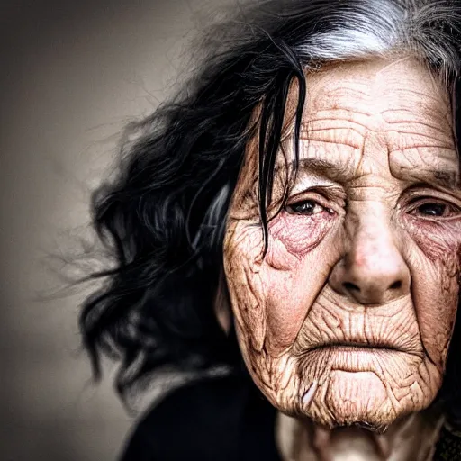 Prompt: an amazing award winning portrait photo of a old woman with black long hair, cinematic masterpiece