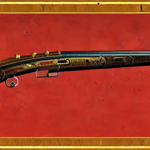 Image similar to a magical antique sawed - off double - barreled shotgun made from glossy red - painted wood and elements of gold metalwork, video game concept art