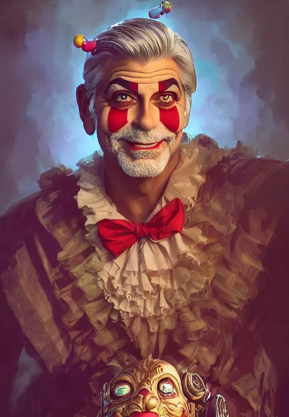 Prompt: yee yee a portrait of george clooney as a clown, fantasy, intricate, elegant, highly detailed, traditional painting, acrylic painting, artstation, concept art, matte, sharp focus, illustration, hearthstone, art by artgerm and greg rutkowski and alphonse mucha and alex ross