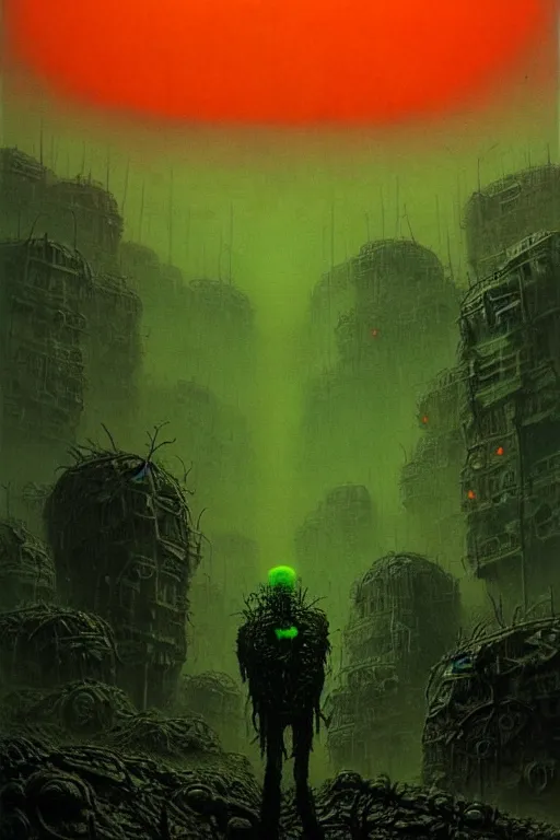 Image similar to glowing green alien crystals irradiating zombie infested city, orange and red wasteland, survival post - apocalyptic, ruined tanks, beksinski, dark sci - fi