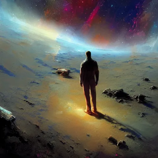 Prompt: a man lost in space, lonely, beautiful, cosmic, craig mullins, colourful