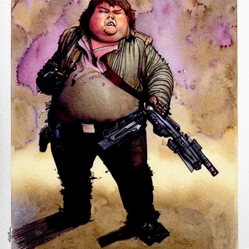 Prompt: a realistic and atmospheric watercolour fantasy character concept art portrait of a fat, chibi han solo with pink eyes wearing a wife beater and holding a gun. by rebecca guay, michael kaluta, charles vess and jean moebius giraud