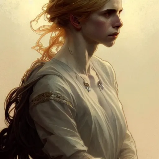 Prompt: The OA, Brit Marling, fantasy, intricate, elegant, highly detailed, digital painting, artstation, concept art, smooth, sharp focus, illustration, art by Krenz Cushart and Artem Demura and alphonse mucha