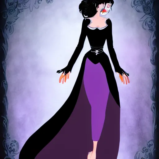 Image similar to character concept art of beautiful delicate pale goth woman with black hair, wearing long black and purple dress, highly detailed, illustration