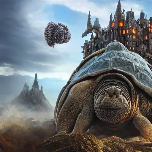 Image similar to large fantasy castle rising from the top of a giant tortoise that is towering over a harsh barren wasteland, centered in frame, howls moving castle, mortal engines, kaiju, distance - shot, fantasy, hyper detailed, 4 k