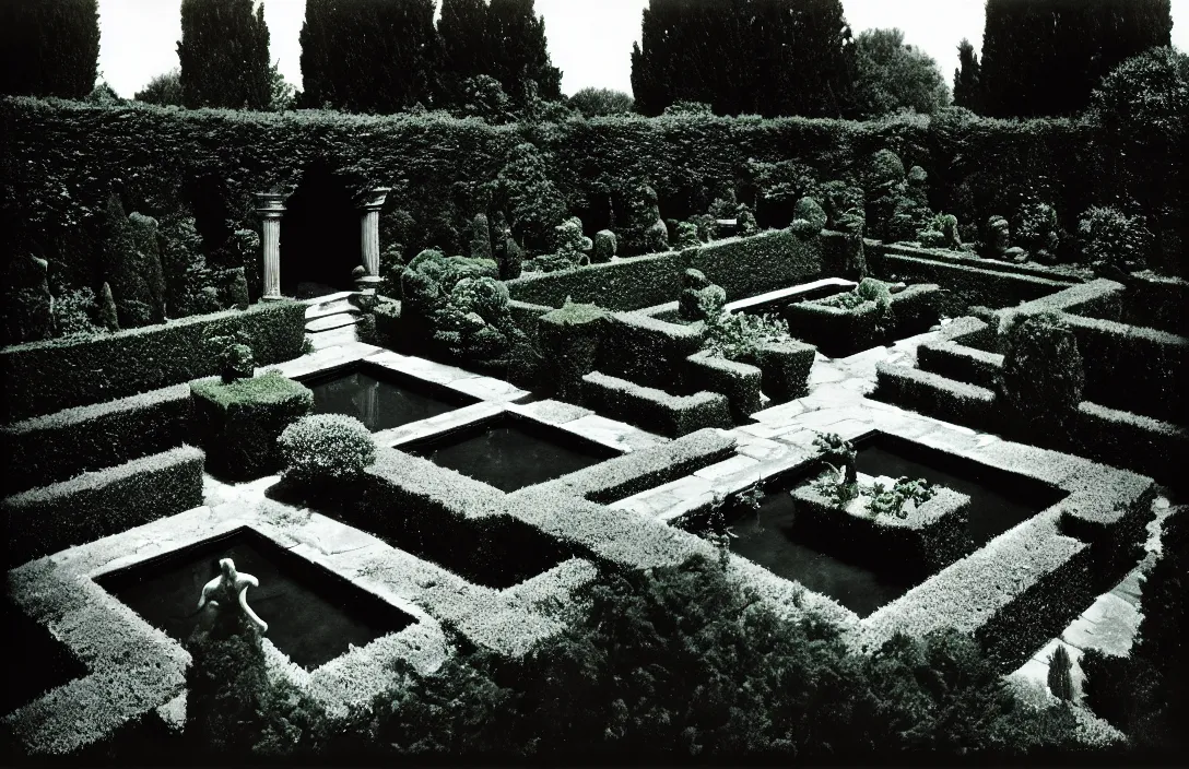 Prompt: garden idyll forms exist in three dimensions, with height, width, and depth. overgrown stone garden stars lingering above intact flawless ambrotype from 4 k criterion collection remastered cinematography gory horror film, ominous lighting, evil theme wow photo realistic postprocessing wet crime scene photograph by ansel adams
