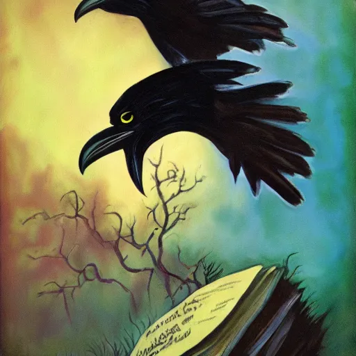 Image similar to fantasy painting of a raven by dr seuss | horror themed | creepy