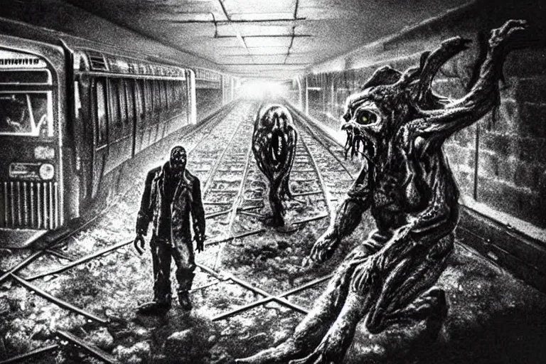 Image similar to very large giant mutant zombie irradiated an infected with cancer ( angry rat ) staying on railways in tonnel of moscow subway. extreme high detail, very realistic. low dark light, scary mood.