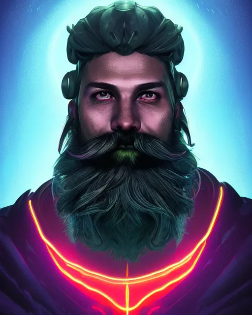 Image similar to epic fantasy comic book style portrait of a male bioluminescent man with a beard with glowing eyes, dark retrowave, highly detailed, digital painting, cinematic, hyperrealism, rpg portrait, dynamic lighting, art by stanley lau and artgerm and magali villeneuve and alphonse mucha, artstation, octane render, cgsociety