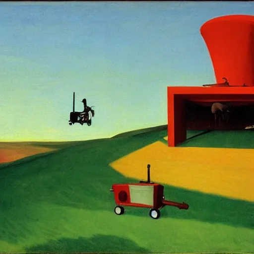 Image similar to UFO abducting a cow with its tractor beam, by Edward Hopper