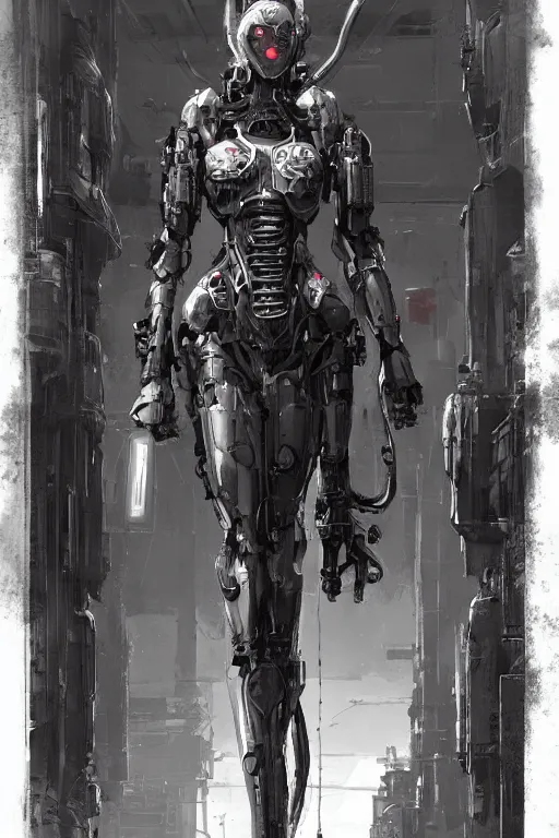 Prompt: very symmetrical!! full body illustrations of mecha, pen and ink, moderately detailed, by james gurney, by greg rutkowski, concept art, cyberpunk witch woman, cable tentacle, corset, artstation, deviantart, pinterest, unreal engine