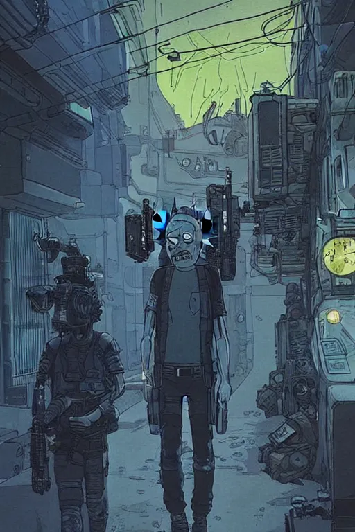 Image similar to Rick and morty. blackops mercenary in near future tactical gear, stealth suit, and cyberpunk headset. Blade Runner 2049. concept art by James Gurney and Mœbius.