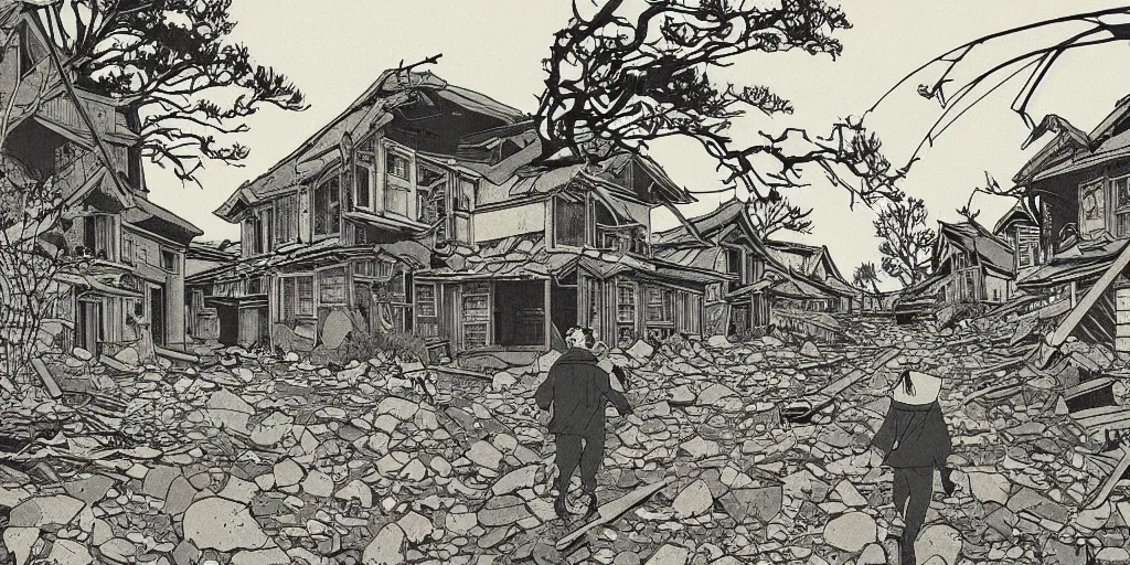 Prompt: japanese illustration of an apocalyptic scene, a man sneaking through an abandoned rural modern village, stephen king atmosphere, 1 9 8 0 s japanese illustrator art, masterpiece