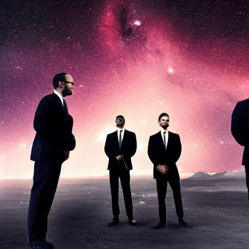 Prompt: men in black standing at the edge of the galaxy, cinematic, photoshopped, high details