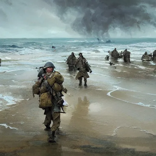 Prompt: omaha beach world war 2 geog darrow greg rutkowski