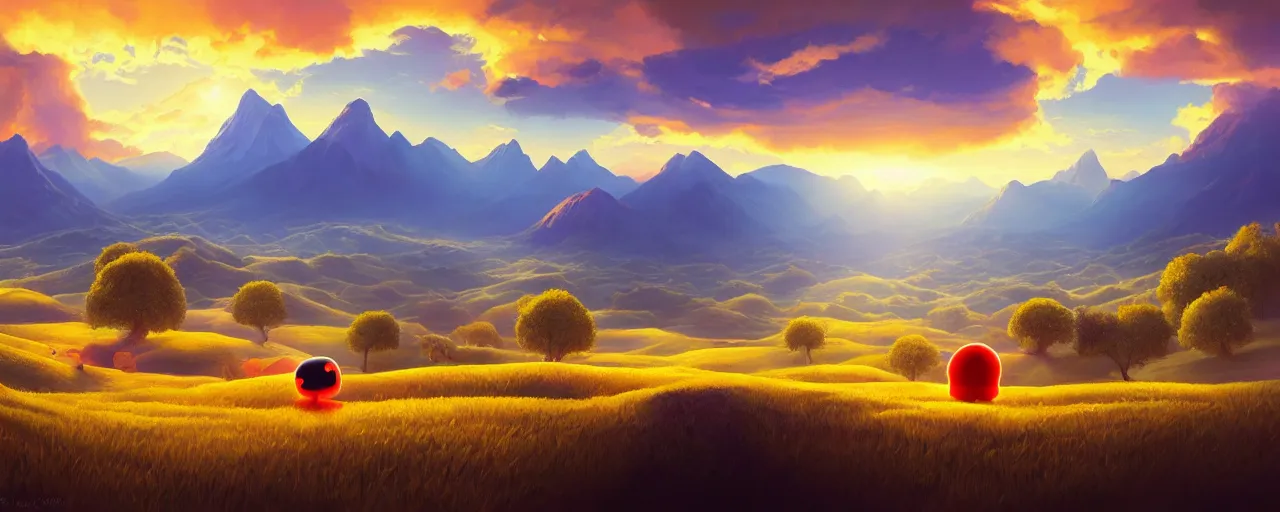 Image similar to detailed round pacman, with ghosts, in a beautiful nature landscape with clouds, mountains, in background, sunset, by rhads, pacman