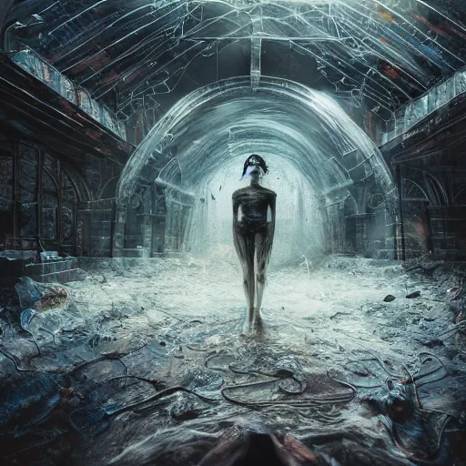 Image similar to full body pose, hyperrealistic mixed media painting of something terrifying, dim volumetric lighting, 8 k, octane beautifully detailed render, extremely hyper detailed, intricate, epic composition, cinematic lighting, masterpiece, trending on artstation, very very detailed, masterpiece, stunning, hdr, smooth, sharp focus, high resolution, award, winning photo, dslr, 5 0 mm