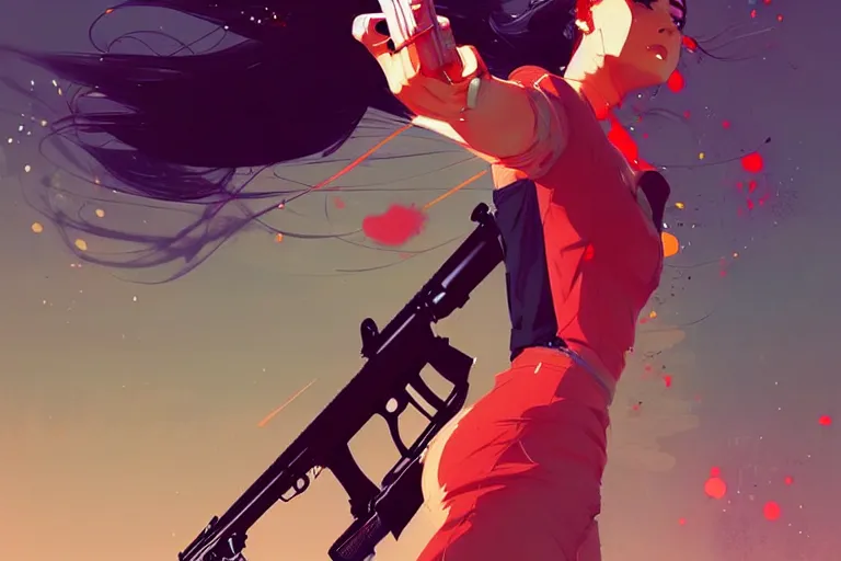 Image similar to a ultradetailed beautiful panting of a stylish woman shooting a rifle, by conrad roset, greg rutkowski and makoto shinkai, trending on artstation