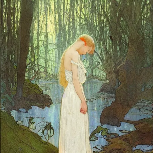 Prompt: a beautiful painting of the back view of a young lady in white dress sitting by the river in a grown forest, washing her dark long hair, sunlight reflected on the river, Mucha, Moebius, Mohrbacher