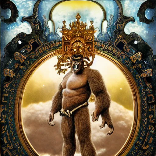 Image similar to portrait of king kong made with porcelain by Jeff Easley and Peter Elson + beautiful eyes, beautiful face + symmetry face + border and embellishments inspiried by alphonse mucha, fractals in the background, galaxy + baroque, gothic, surreal + highly detailed, intricate complexity, epic composition, magical atmosphere + masterpiece, award winning + trending on artstation