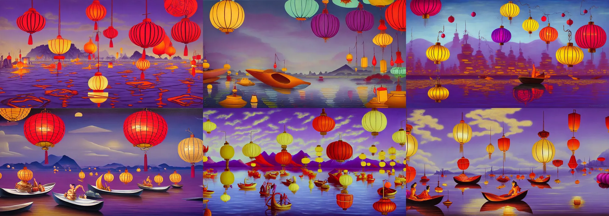 Prompt: absurdist chunky oil paint retro futuristic boats on river big pears floating on water hills in background asian lanterns purple and red hues, surrealism, ornate, oriental