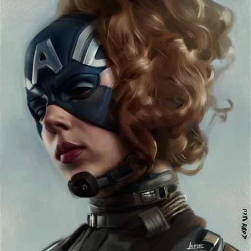 Image similar to captain america played by by scarlett johansson wearing steampunk outfit, face portrait, hd shot, digital portrait, elegant, beautiful, fantasy art, artstation, comic style, by artgerm, guy denning, jakub rozalski, magali villeneuve and charlie bowater