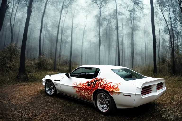 Image similar to reflective white pontiac firebird with flames paintjob with angelic wings attached to sides of the roof, dramatic, cinematic, forest, volumetric lighting