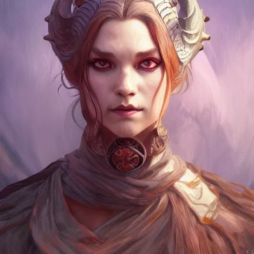 Image similar to portrait of a thiefling, D&D, fantasy, highly detailed, digital painting, artstation, smooth, sharp focus, illustration, art by artgerm and greg rutkowski and alphonse mucha