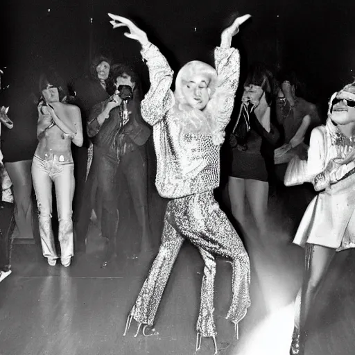 Prompt: Lady Gaga in the 70s disco dancing atmospheric lighting