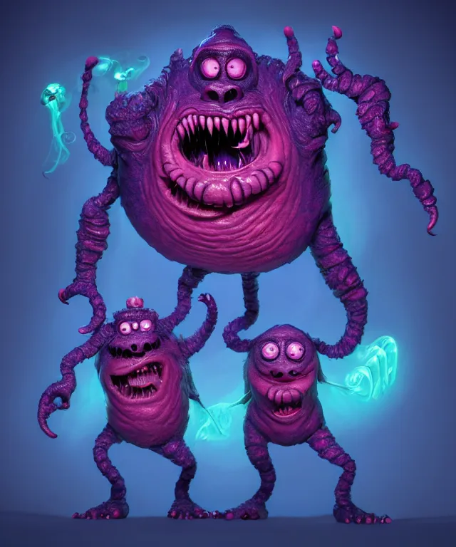 Image similar to a two headed xanathar made of bioluminescence in the art style of monsters inc, crisp 8 k line art, digital painting, artstation, unreal engine, octane render, emissive lighting, concept art, matte, sharp focus, hyper realistic lighting, illustration, deep royal blue and pink color scheme, art by junji ito