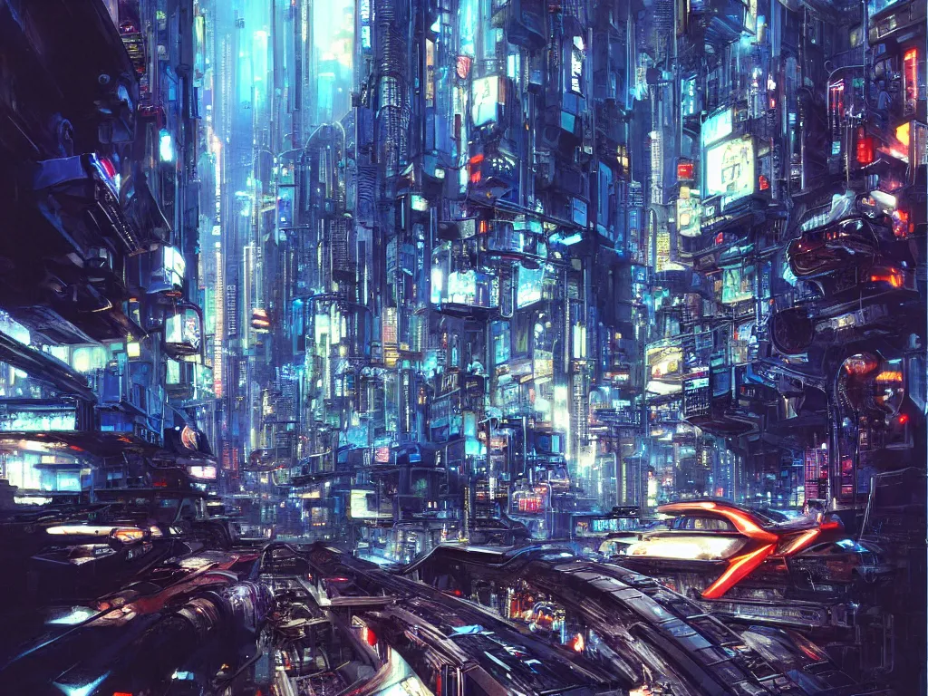 Prompt: hyperrealistic painting of a slice of life from a futuristic city, mechanical designs, night, technological, cinematic, sharp focus, cyberpunk style, highly detailed, realism, digital art, 8 k resolution, concept art, by noriyoshi ohrai, john berkey
