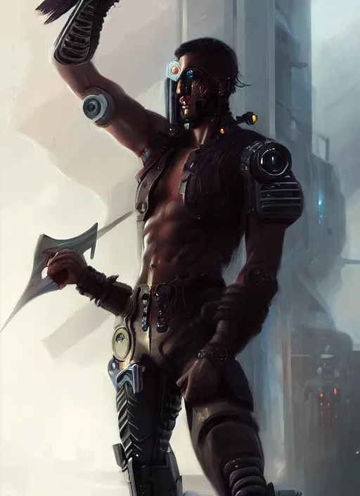 Image similar to « a full length portrait of a muscular cyberpunk male warrior, jesus, glowing eyes, a digital painting by charlie bowater, featured on cgsociety, fantasy art, behance hd, wiccan, artstation hd »