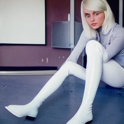 Image similar to Platinum-blonde-haired hime-cut blue-eyed 23-year-old French empress wearing white leggings, black jacket, boots, sitting in public housing apartment, futuristic gadgets, plain room, 8mm photo