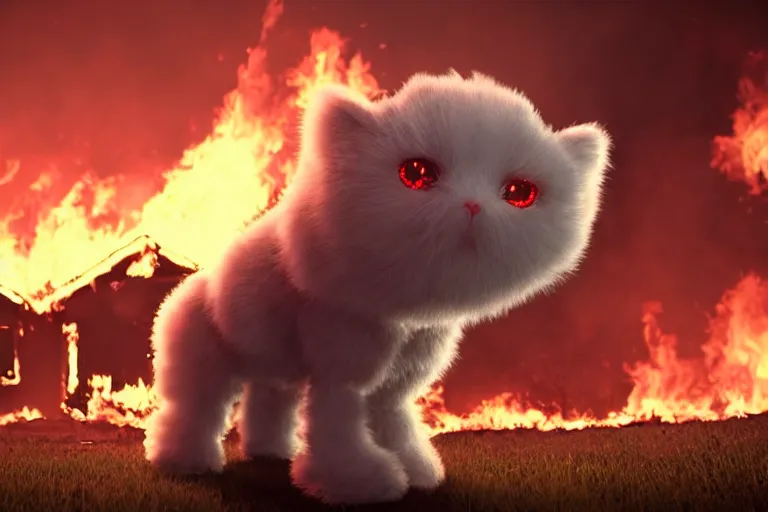 Image similar to <picture quality=4k-ultra-hd mode='attention grabbing'>Adorable fluffy robot looks into the camera sinisterly as a house burns behind it - inspired by Disaster Girl</picture>