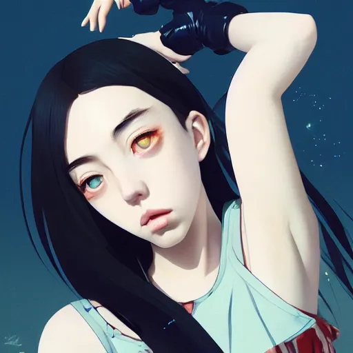 Image similar to a beautiful young japanese billie eilish kat dennings alluring instagram model in elaborate latex tank top, by guweiz and wlop and ilya kuvshinov and artgerm and makoto shinkai and studio ghibli, symmetrical eyes, aesthetic, gorgeous, stunning, alluring, attractive, artstation, deviantart, pinterest, digital art